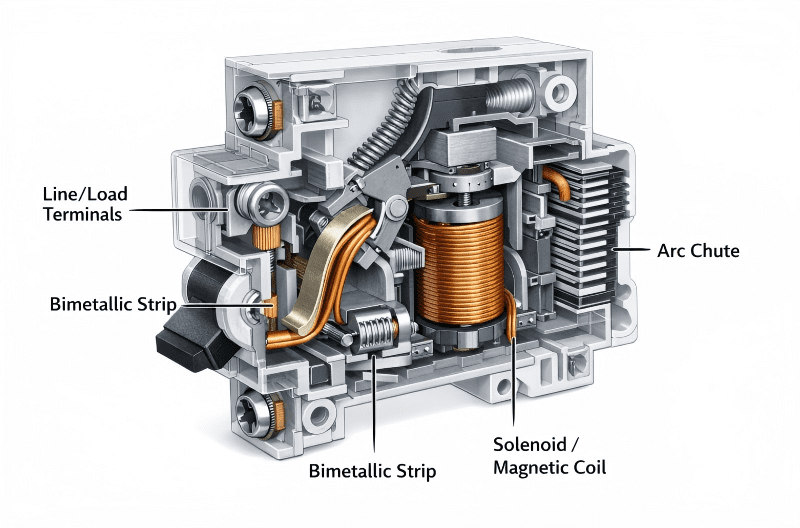 Cutaway diagram of an MCB illustrating thermal and magnetic protection mechanisms.