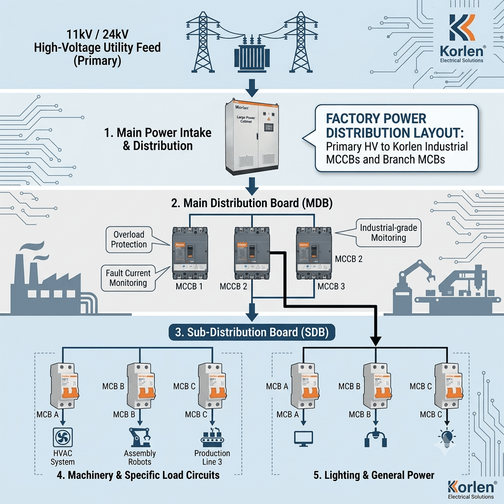 Factory power distribution layout infographic showing high voltage utility feed passing through Korlen industrial MCCBs and branch MCBs to machinery and lighting loads