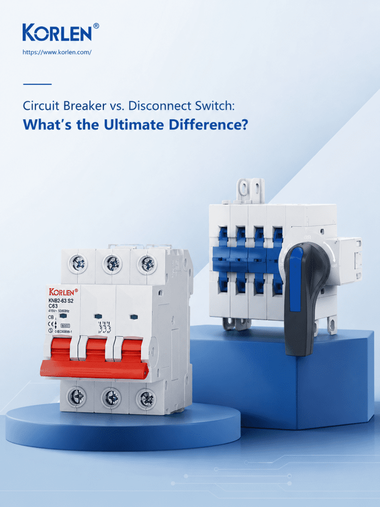 KORLEN circuit breaker vs disconnect switch comparison blog cover with blue minimalist electrical product design