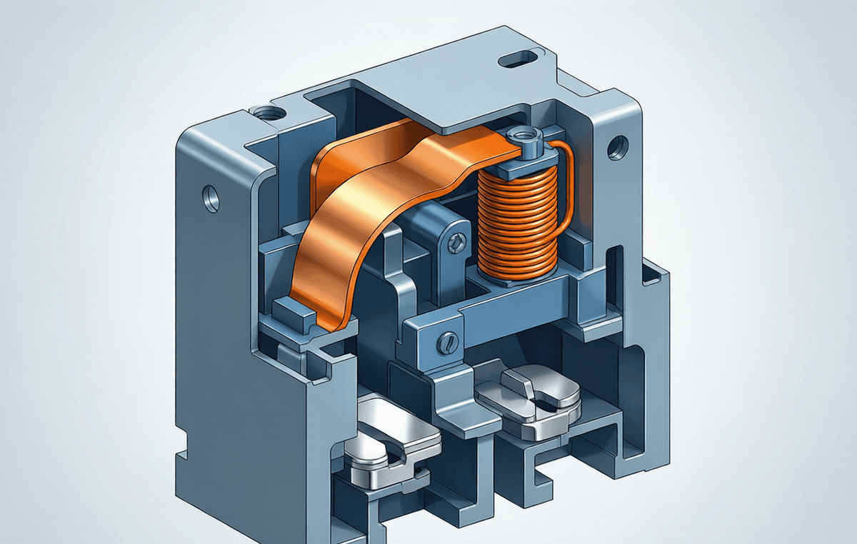 Cross-section of a thermal-magnetic trip unit showing the bimetal strip for overload and solenoid coil for short circuit